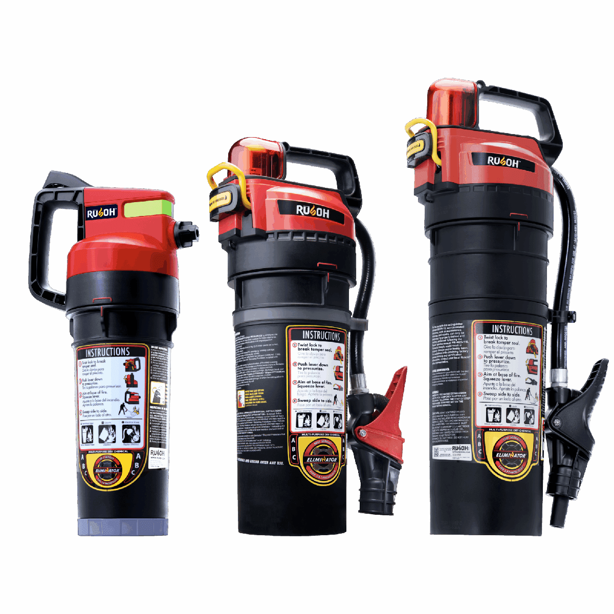 The Rusoh Eliminator family: 2.5 lb, 5 lb, and 13.25 lb self-service fire extinguishers