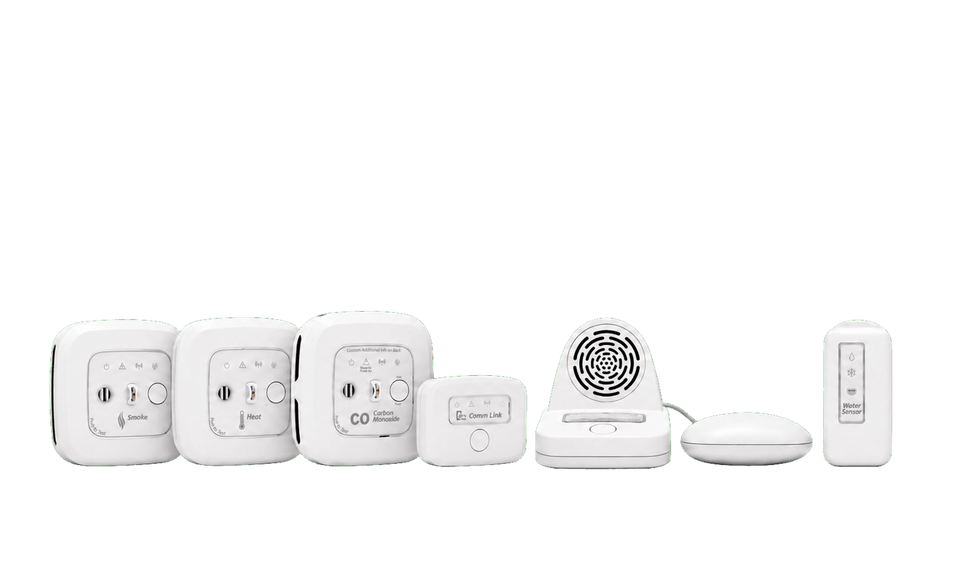 The complete Pro Fire Network: smoke, heat, and carbon monoxide sensors, Comm Link, Bedside Control Center with mattress shaker, and water sensor